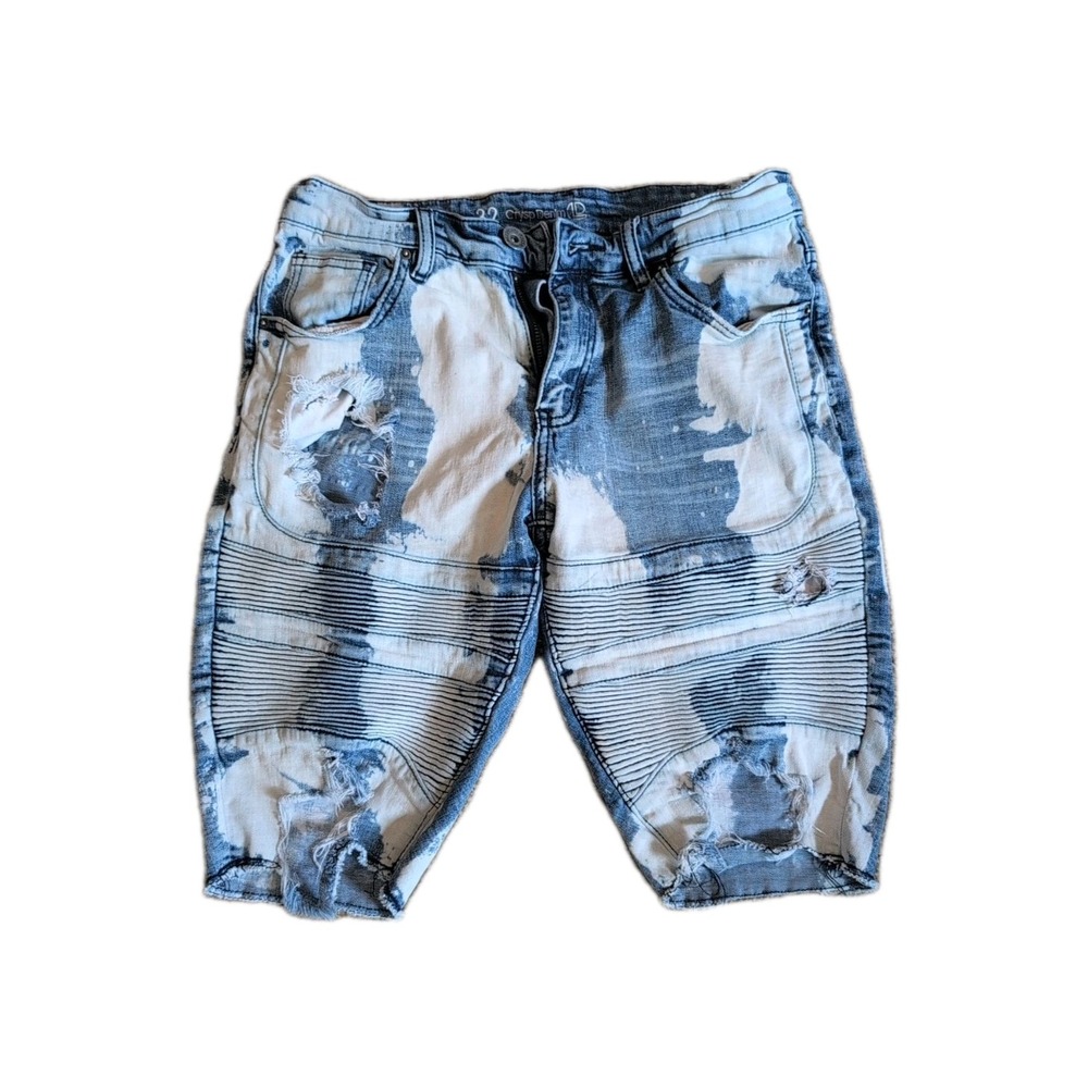 Crysp Denim Mens Distressed Moto Blue Jean Shorts Size 32 Bleached Bermuda